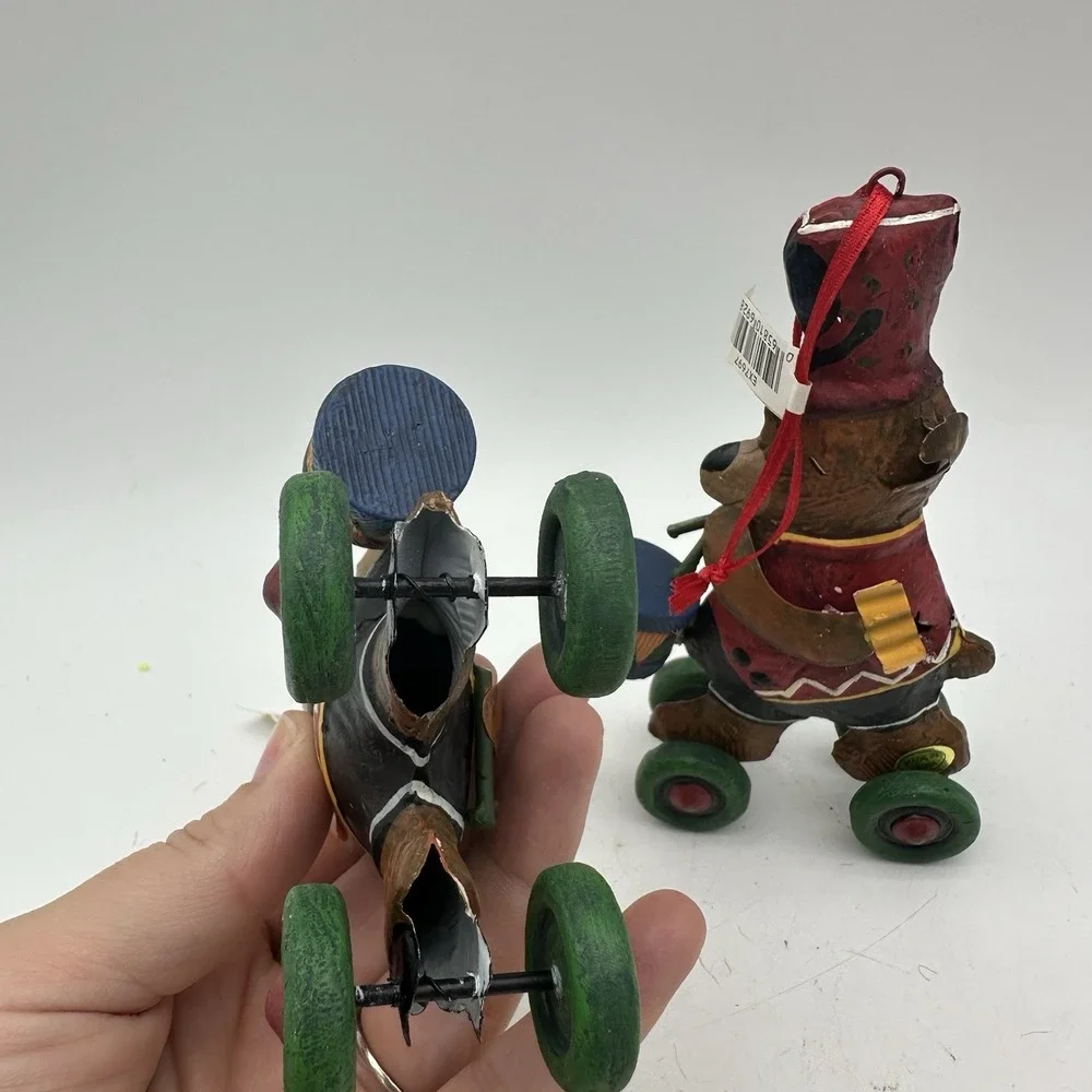 Vintage Set Of 2 Metal Christmas Ornament Drummer Bear On Wheels 5.5
